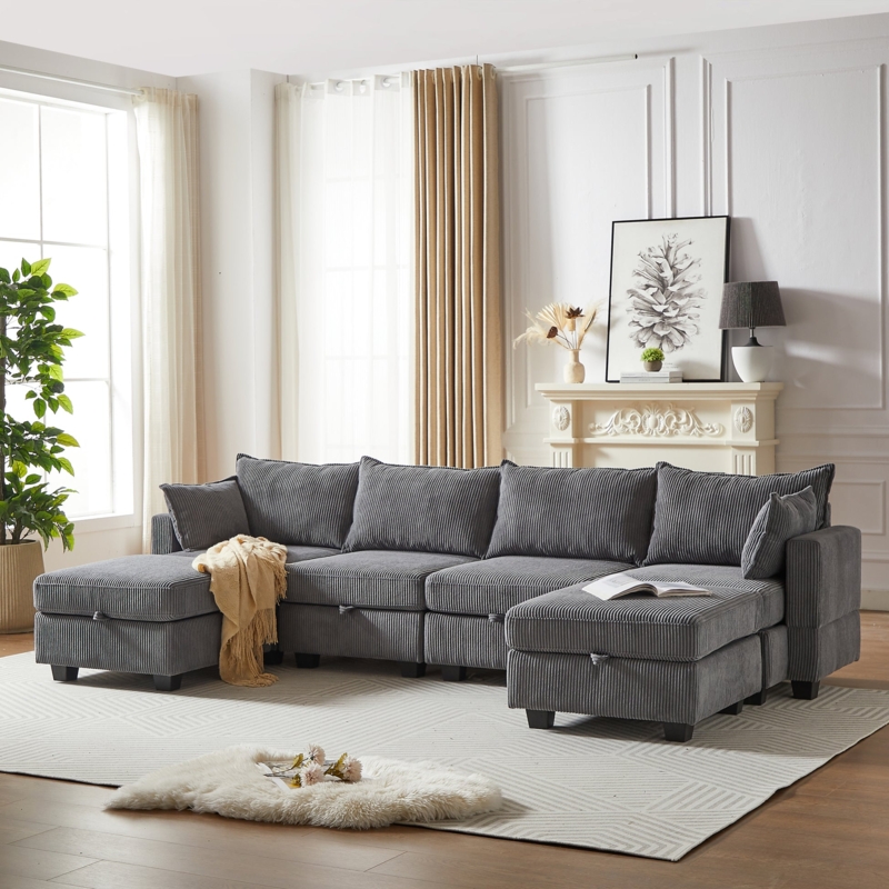 Modular Corduroy Sectional, U-Shaped Sofa, Dual Chaise.