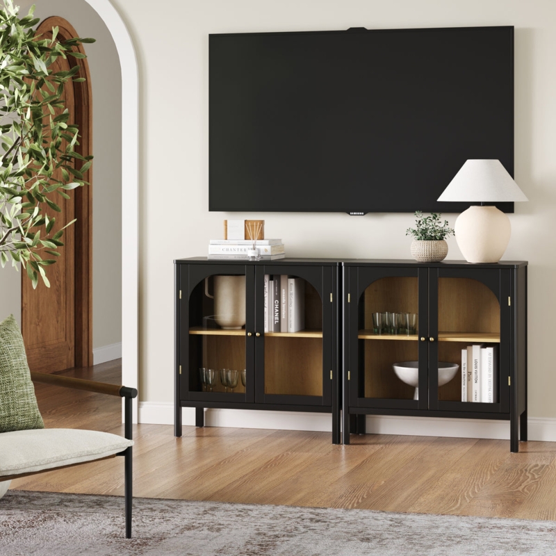 Modular Curio Credenza with Arched Glass Doors and Wood Interior