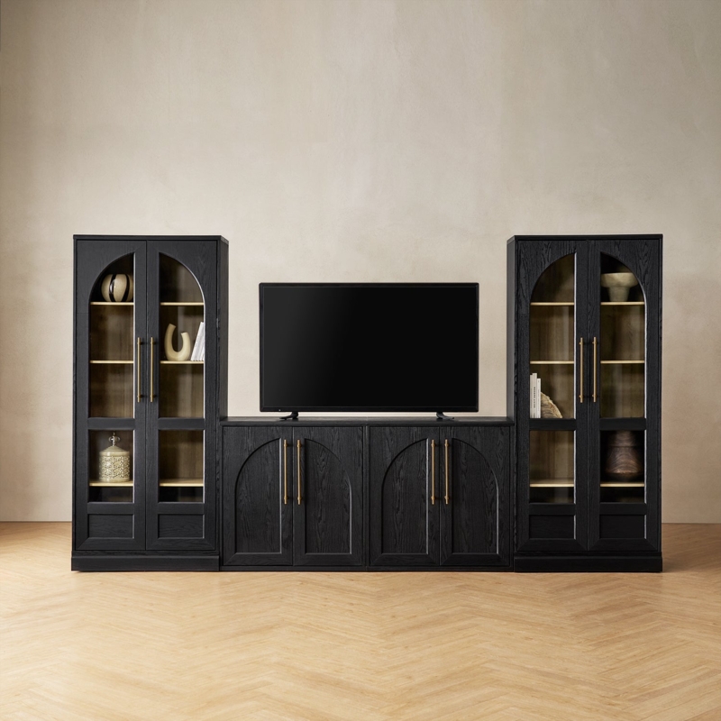 Modular Entertainment Center Arched Glass Cabinets Black Oak Finish