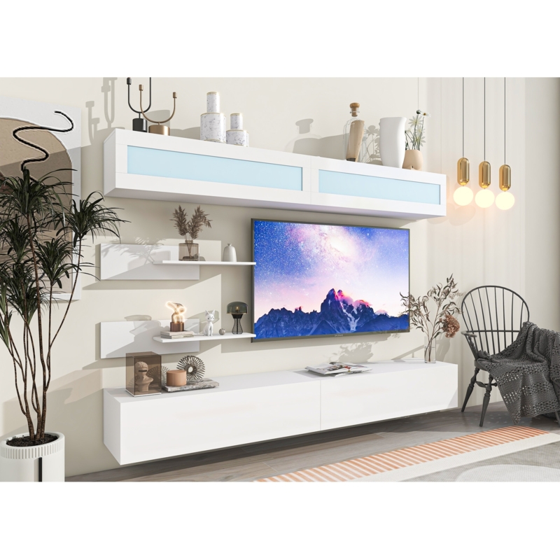 Modular Floating Entertainment Center with Glass Front Cabinets