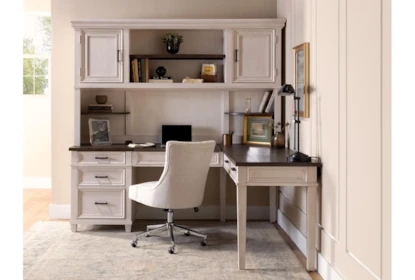 Modular L-Shaped Desk Set with Hutch, Cream and Dark Wood Finish