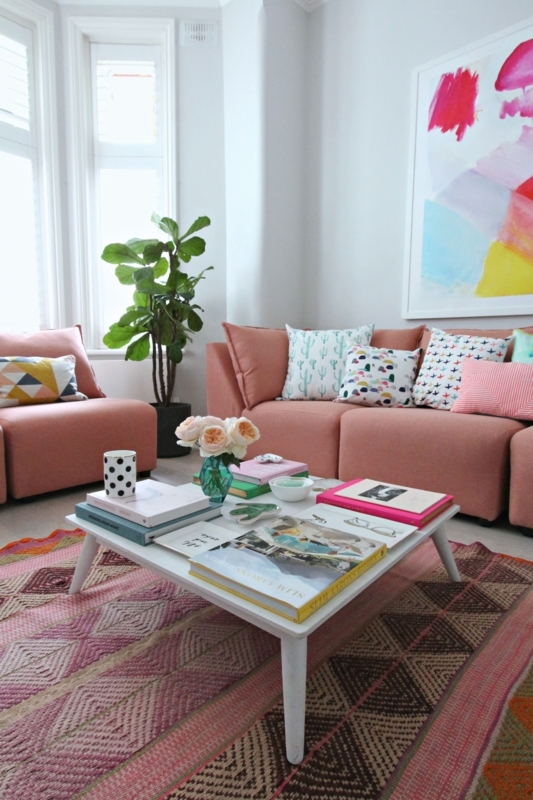 Modular Sectional Sofa Coral Upholstery Geometric Diamond Rug