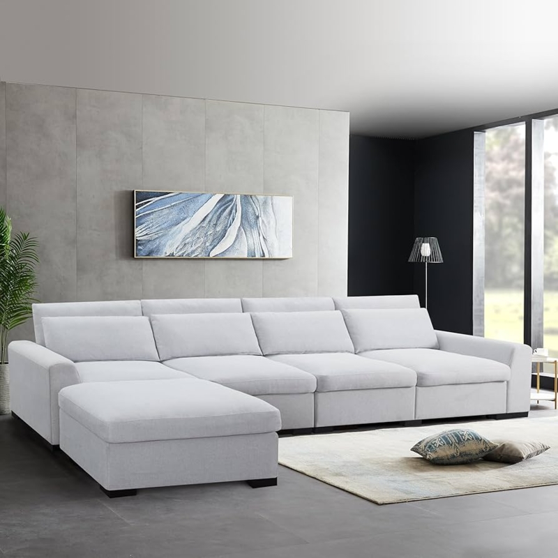 Modular Sectional Sofa Light Grey Minimalist Movable Ottoman