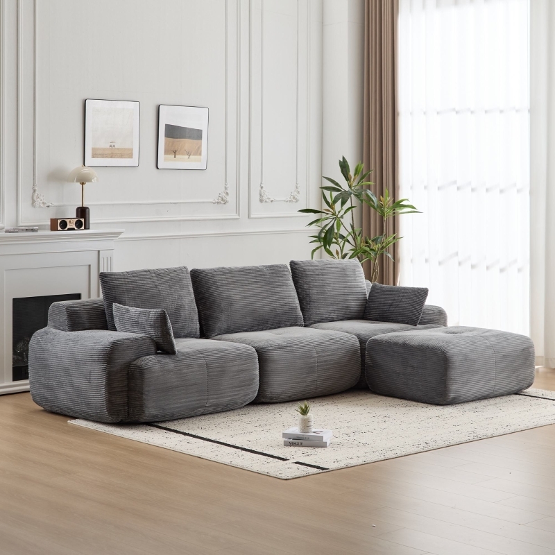 Modular Sectional Sofa Low Profile Grey Corduroy Pet Friendly Fabric