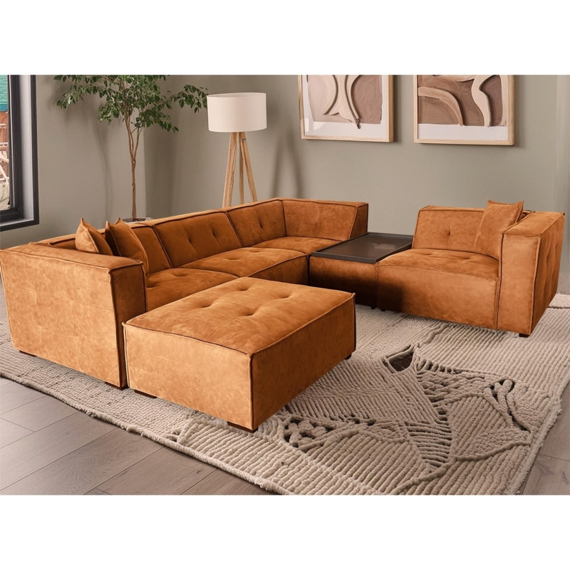 Modular Sectional Sofa Saddle Stitched Tan with Integrated Table Console