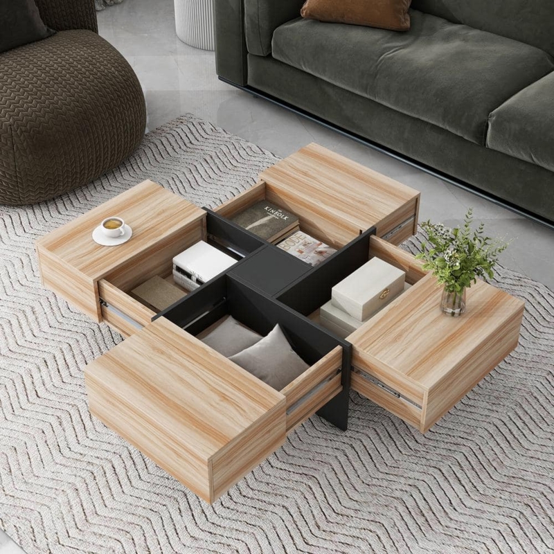 Modular Square Coffee Table Sliding Tabletop Hidden Storage Wood Toned