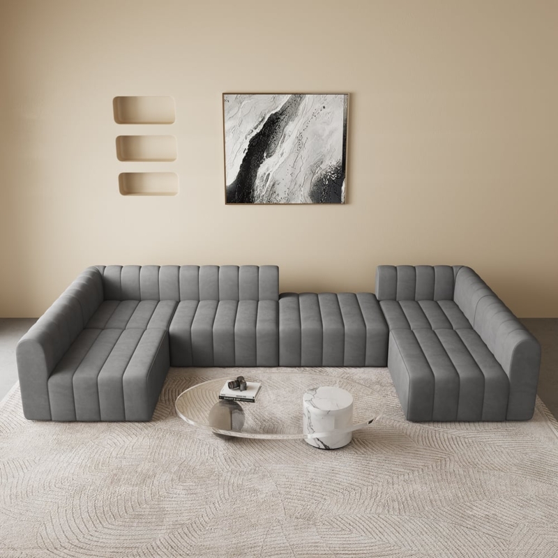 Modular U-Shaped Sectional in Gray Channel Tufted Velvet