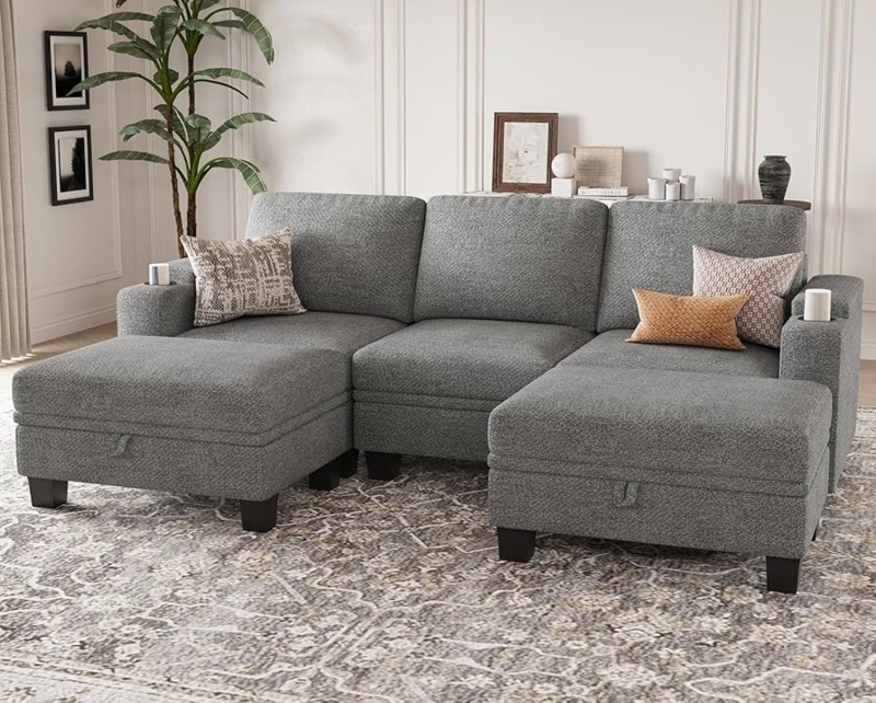 Modular U-Shaped Sectional Sofa with Integrated Cup Holders