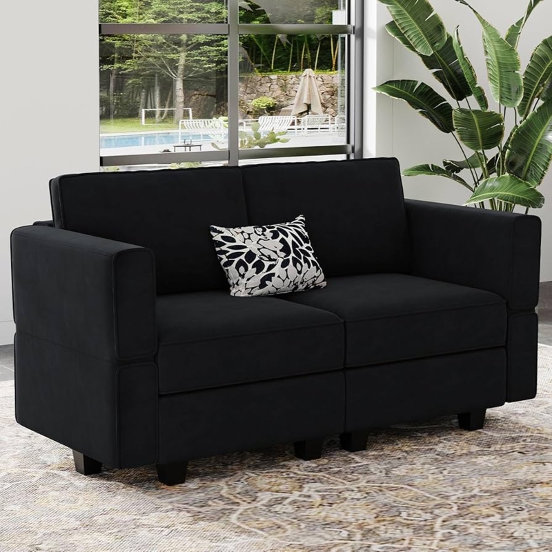 Modular Velvet Loveseat, Wide Square Arms, Low Profile Minimalist Style.