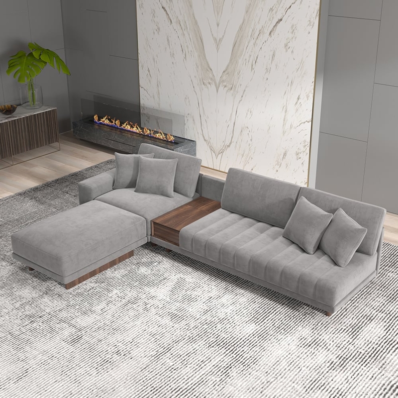 Modular Velvet Sectional featuring Integrated Wood Side Table