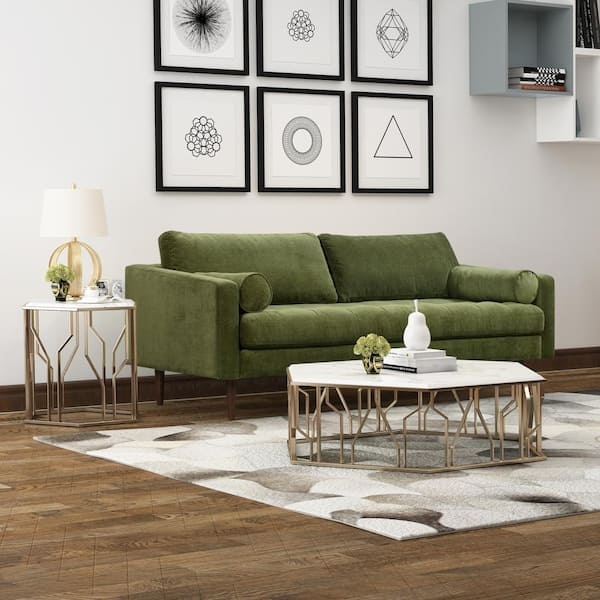 Moss Green Velvet Sofa with Tapered Wood Legs in Mid-Century Style