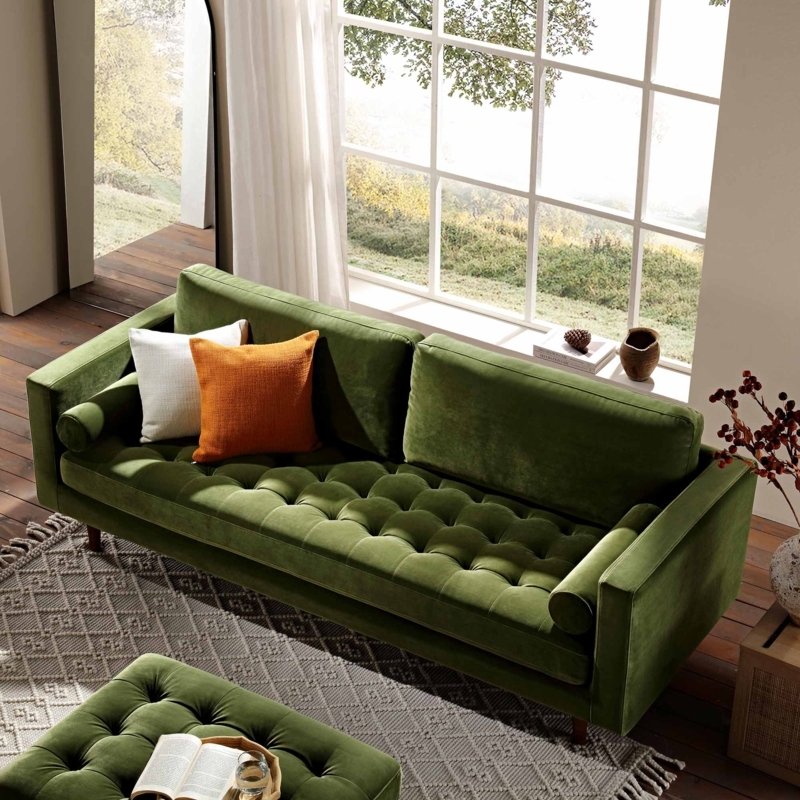 Moss Green Velvet Sofa with Tufted Seat and Bolsters