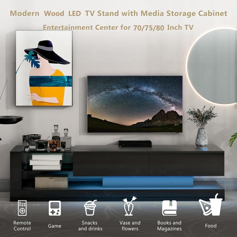 Multi-Tiered Media Storage Cabinet with Blue LED and Handleless Drawers