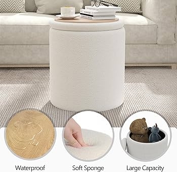 Multifunctional Round Storage Ottoman with Waterproof Wood Top Lid