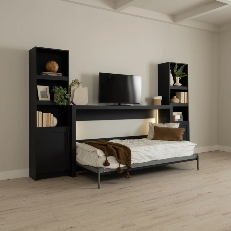 Murphy Bed Natural Wood with Media Console Integration and Side Storage