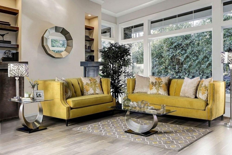 Mustard Living Room Set with Nailhead Trim, Track Arms, and Glam Style