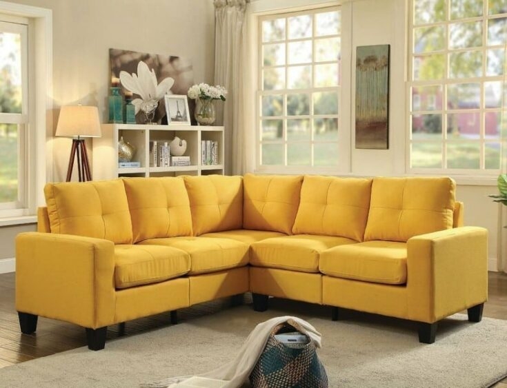 Mustard Yellow Sectional Sofa with Square Tufted Back & Corner Layout