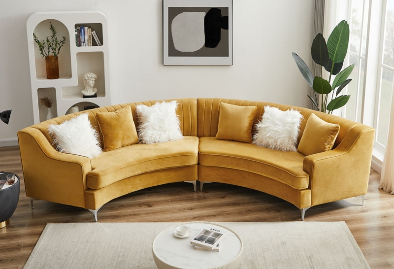 Mustard Yellow Velvet Sectional Sofa Channel Tufted Back