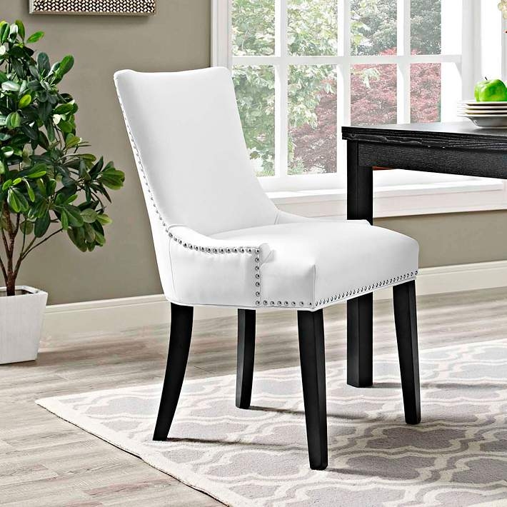 Nailhead Trim Dining Chair Sabre Legs Dark Wood Finish Faux Leather