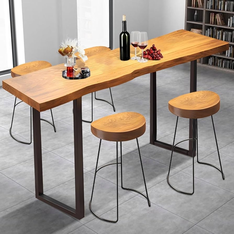 Narrow Bar Table Set: Live Edge Wood & Saddle Stools