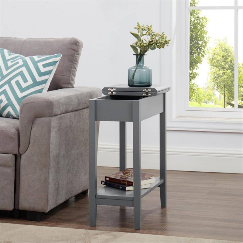 Narrow End Table Flip-Top Storage Matte Gray Slim Storage End Table