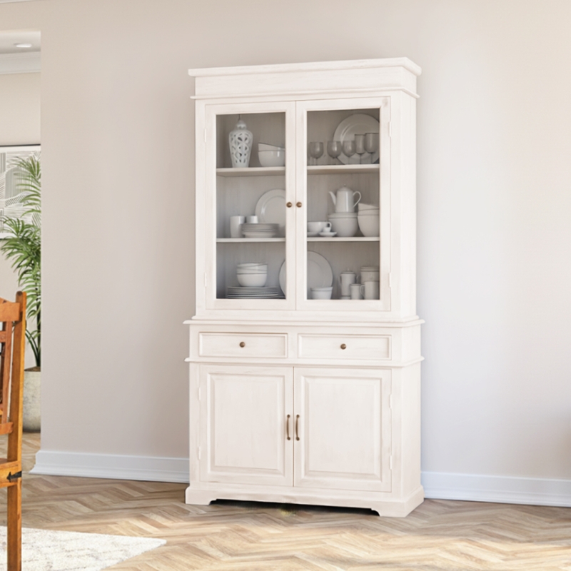 Narrow Farmhouse Hutch in Whitewashed Finish with Glass Display Upper