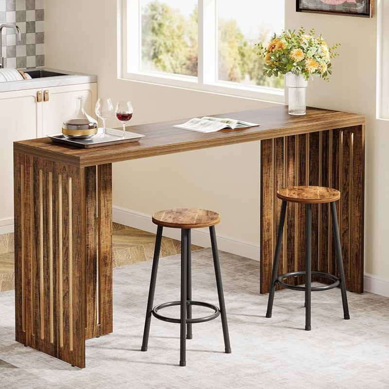 Narrow Industrial Bar Table: Rustic Brown Louvered Base