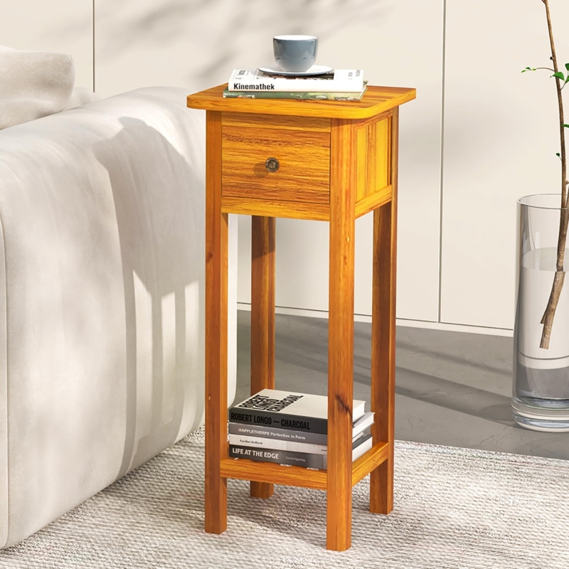 Narrow Pedestal Table Tall Stature Honey Brown Tall Bedside Nightstand