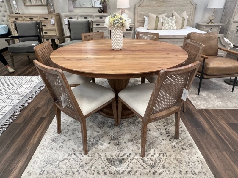 Natural Finish Round Dining Table with Cane Back Chairs, Coastal Style