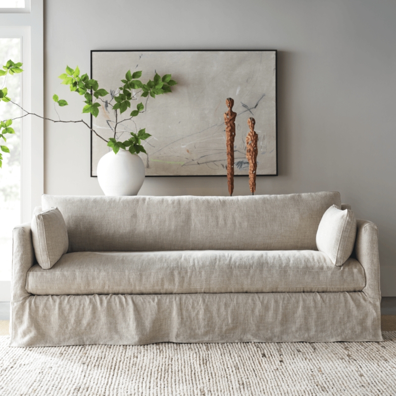 Natural Modern Living Room Sofa with Oatmeal Linen-Like Upholstery