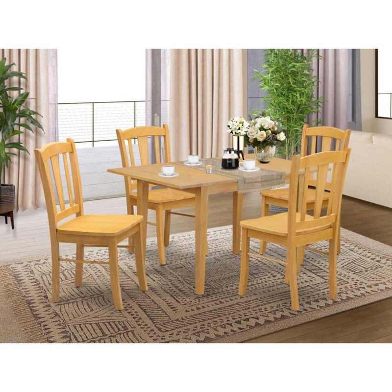 Natural Oak 5-Piece Dining Set with Slatted Back Chairs and Leaf