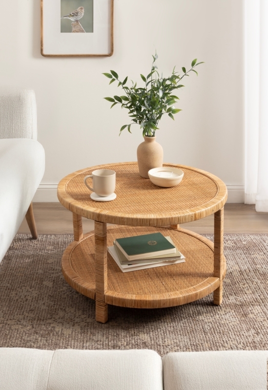 Natural Rattan Coffee Table with Ribbed Edge, Two-Tier Boho