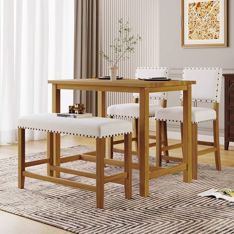 Natural Wood 4-Piece Counter Height Set with Nailhead Trim