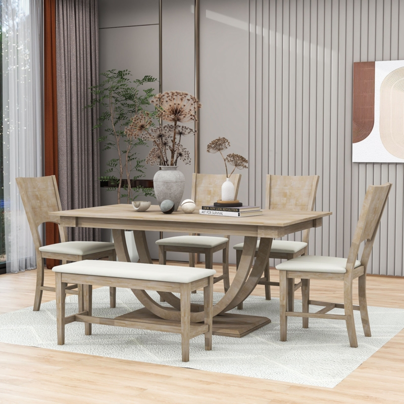 Natural Wood 6-Piece Dining Set with Curved Pedestal Base and Bench