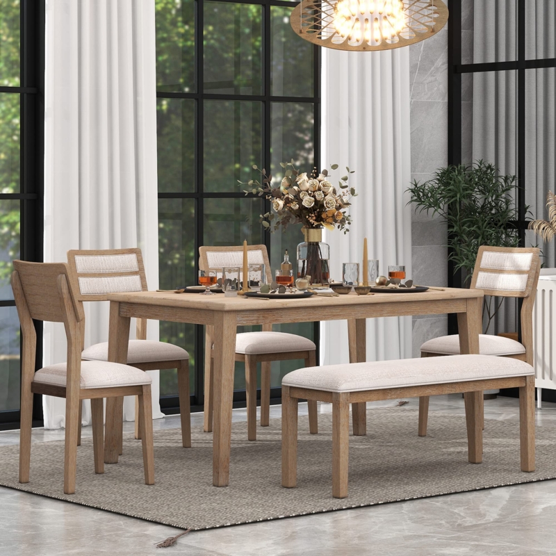 Natural Wood Dining Table Set 6-Piece with Upholstered Bench