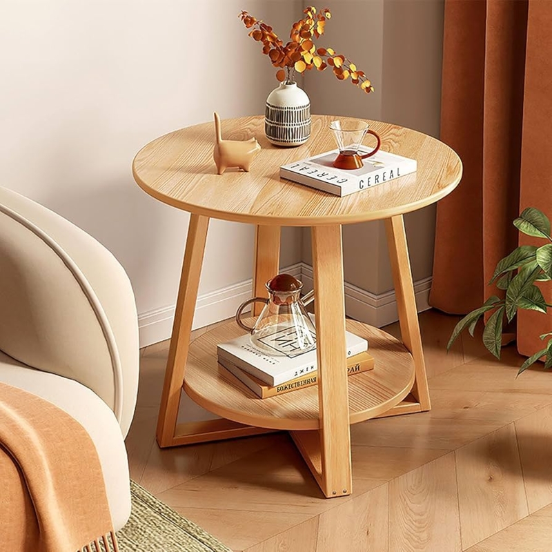 Natural Wood End Table, Round Two-Tier Scandi Tripod Base