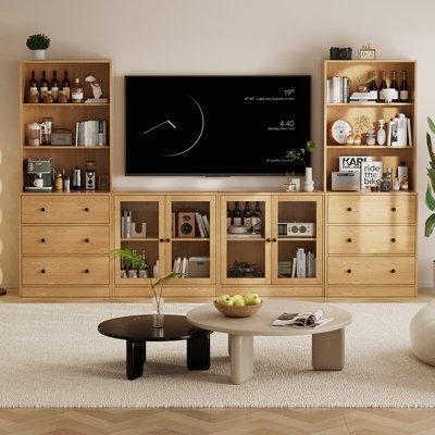 Natural Wood Entertainment Center with Glass Front Cabinets, Wall Unit