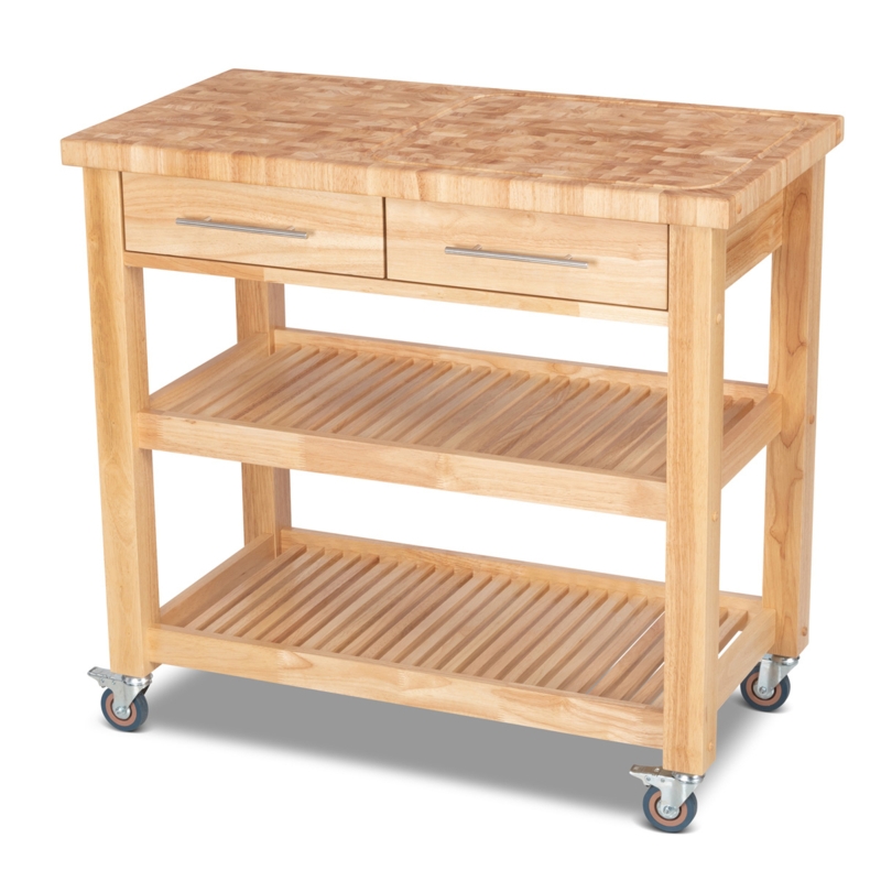 Natural Wood Kitchen Cart End-Grain Top with Slatted Shelves Mobile