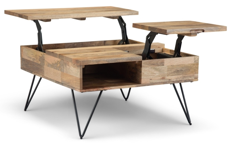 Natural Wood Lift Top Coffee Table, Dual Tops and Black Hairpin Legs