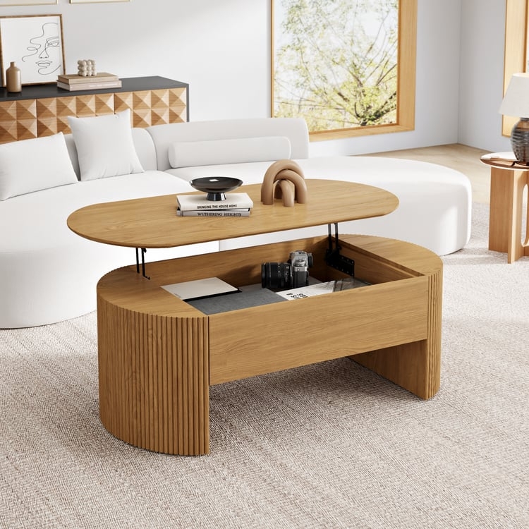 Natural Wood Lift Top Coffee Table Pill Shape Ribbed