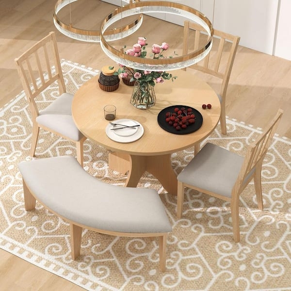 Natural Wood Round Dining Set with Curved Bench and Slatted Chairs
