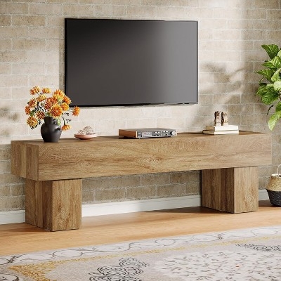 Natural Wood TV Stand with Thick Block Legs and Low Profile