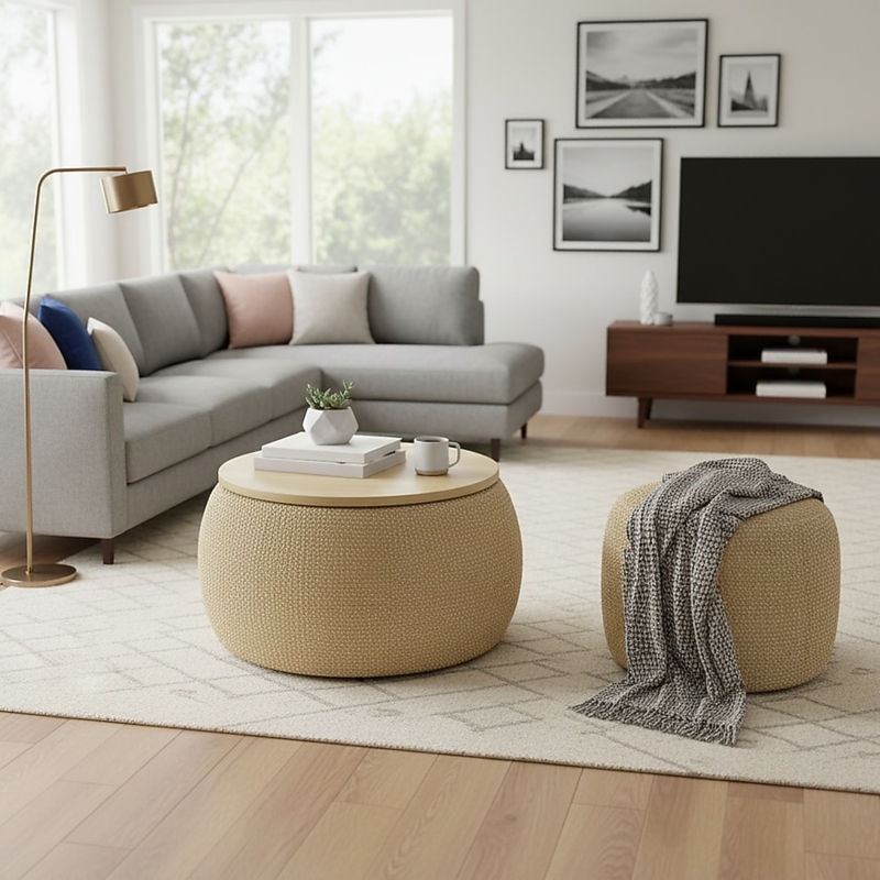 Natural Woven Honeycomb Storage Ottoman Set Multifunctional