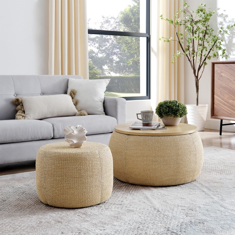 Natural Woven Storage Ottoman Set Tray Lid Footstool