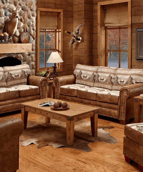 Nature Tapestry Couch featuring Nailhead Trim and Lodge Style