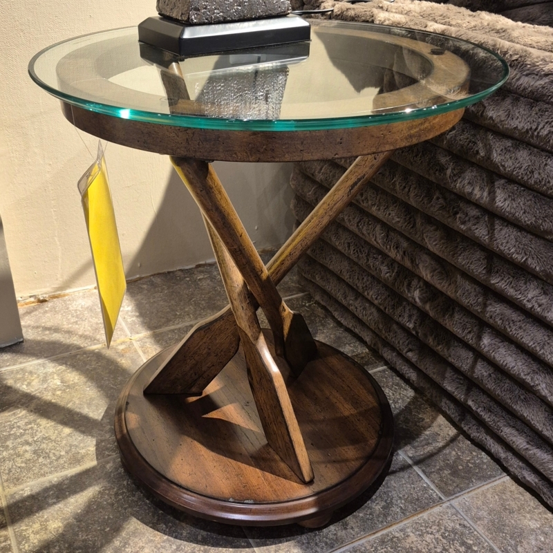 Nautical Round End Table with Glass Top and Oar Shaped Base