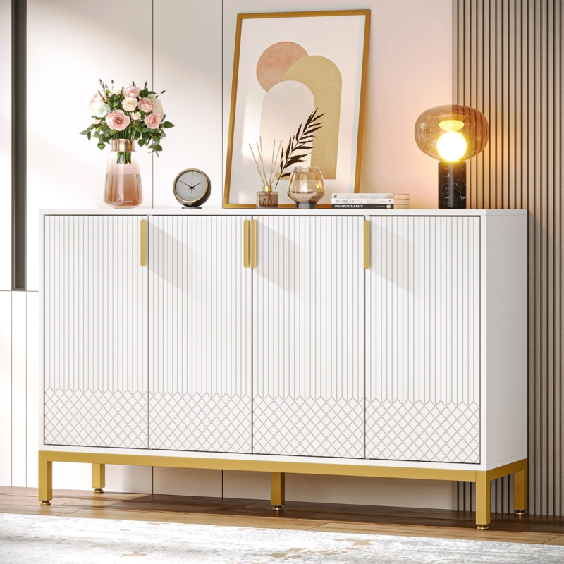 Navy Blue and Gold Sideboard with Geometric Door Patterns