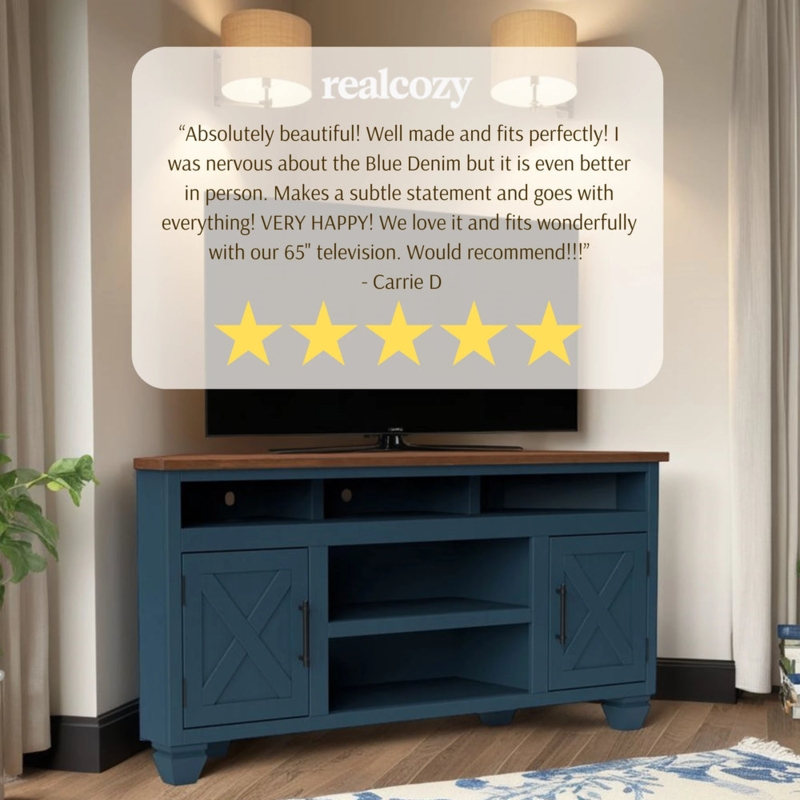 Navy Blue Corner Tv Stand with Warm Brown Top and X-Frame Details.