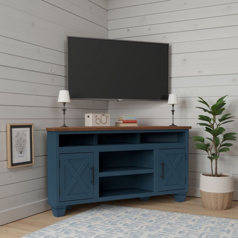 Navy Blue Corner Tv Stand with X-Brace Doors and Wood Toned Top.