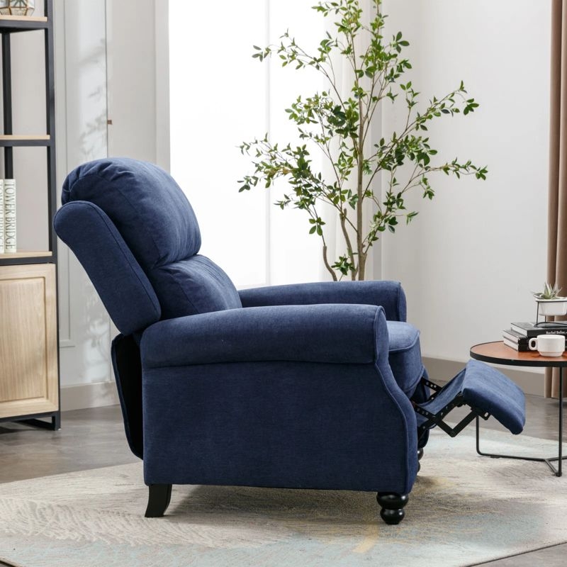 Navy Blue Fabric Push Back Recliner with Rolled Arms and Turned Legs